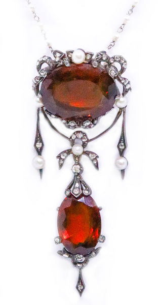 EDWARDIAN 18 KT GOLD AND SILVER BROOCH NECKLACE WITH MANDARIN CITRINE, DIAMONDS AND GENUINE PEARLS