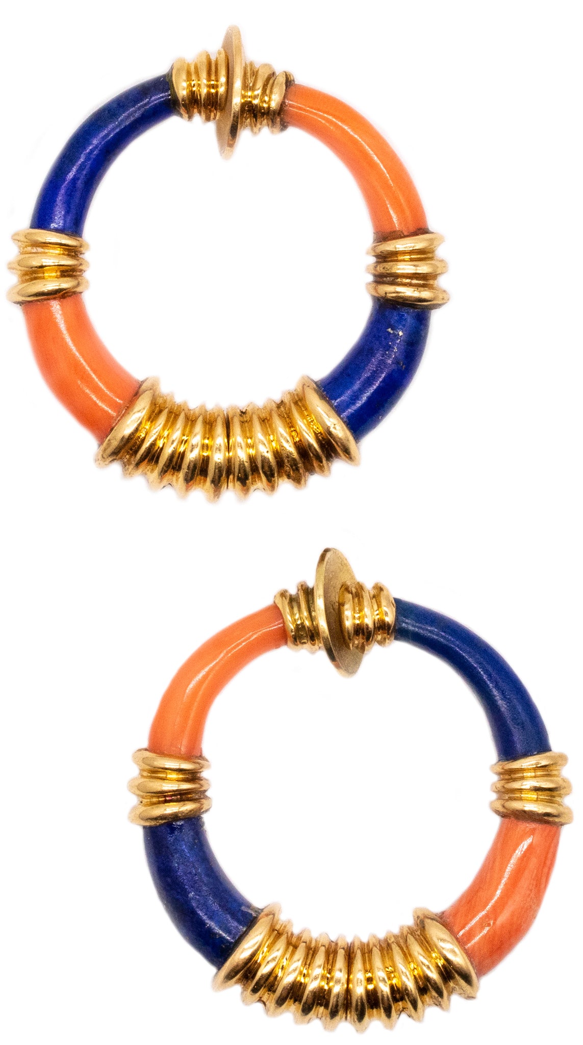 FRANCE 1970 PARIS 18 KT YELLOW GOLD HOOPS EARRINGS WITH CORAL & LAPIS LAZULI