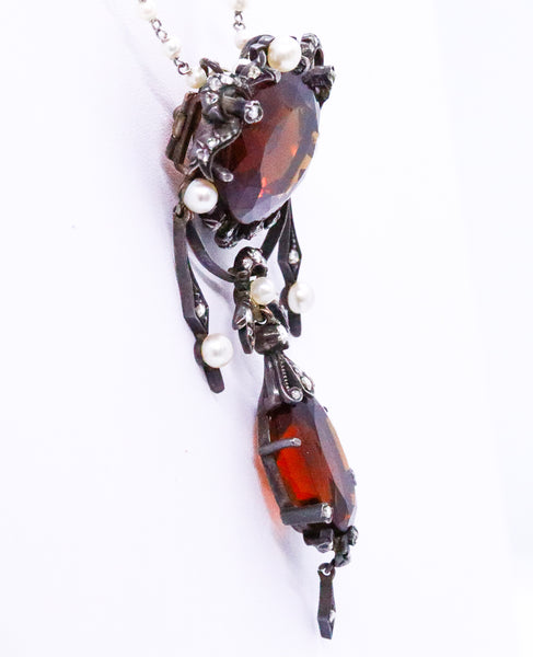 EDWARDIAN 18 KT GOLD AND SILVER BROOCH NECKLACE WITH MANDARIN CITRINE, DIAMONDS AND GENUINE PEARLS