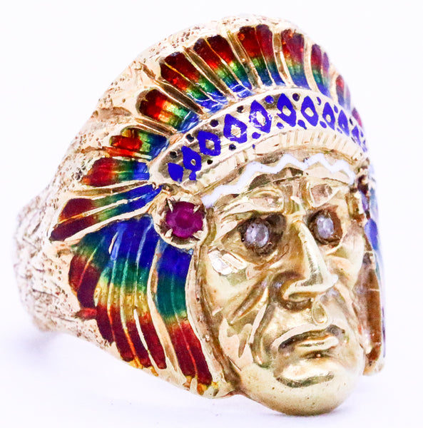 NATIVE AMERICAN INDIAN CHIEF 18 KT GOLD RING WITH ENAMEL AND GEMSTONES