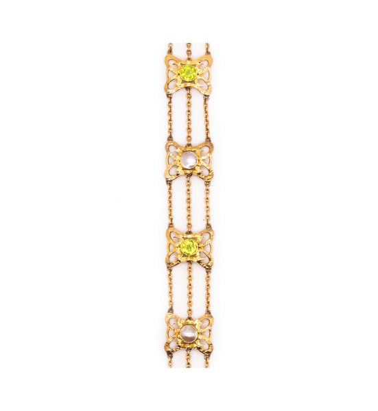 British 1900 Liberty Art And Craft Bracelet In 15 cts With Pearls And Peridots