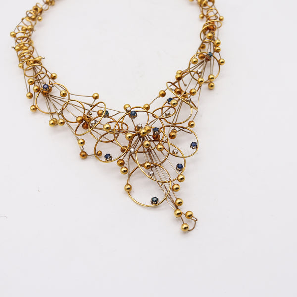 -Modernist Studio 1970 Geometric Necklace In 18Kt Gold With Diamonds And Sapphires