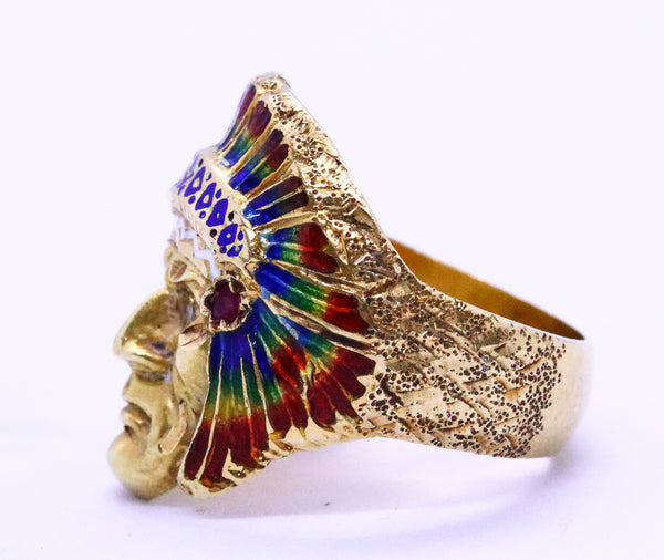 NATIVE AMERICAN INDIAN CHIEF 18 KT GOLD RING WITH ENAMEL AND GEMSTONES