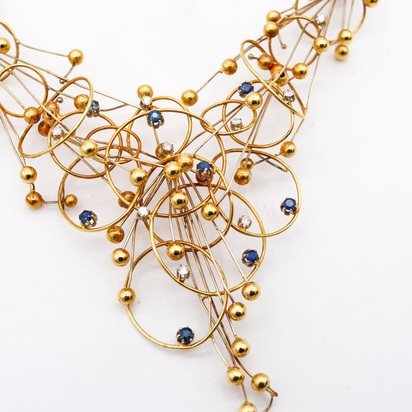 -Modernist Studio 1970 Geometric Necklace In 18Kt Gold With Diamonds And Sapphires