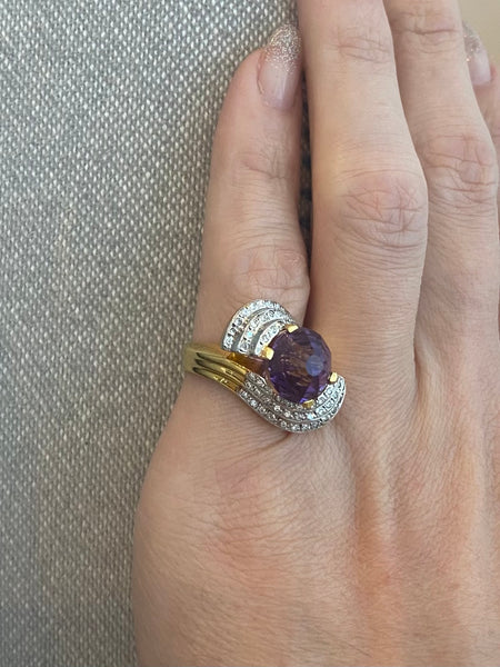 (S)Modernist Italian Bypass Cocktail Ring In 18Kt Gold With 7.31 Ctw In Amethyst And Diamonds