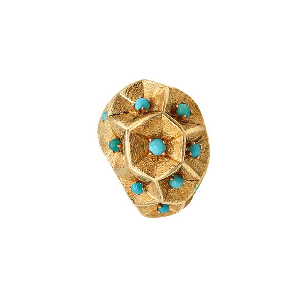 *Italian 1960 Mid-Century Bombe Cocktail Ring In 18KT Yellow Gold With Turquoises