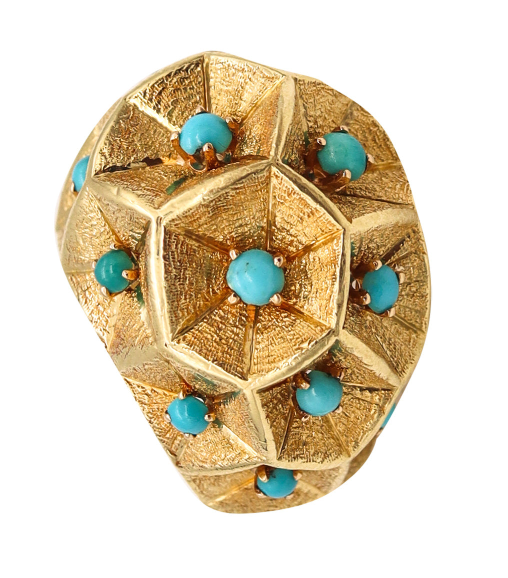 *Italian 1960 Mid-Century Bombe Cocktail Ring In 18KT Yellow Gold With Turquoises