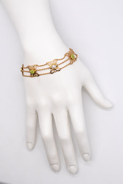 British 1900 Liberty Art And Craft Bracelet In 15 cts With Pearls And Peridots