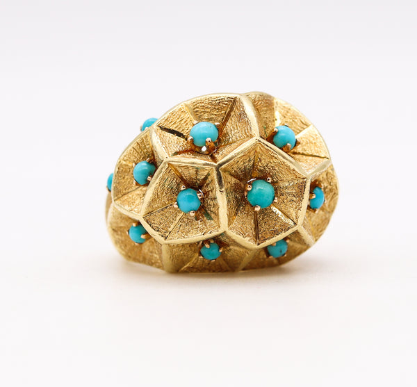 *Italian 1960 Mid-Century Bombe Cocktail Ring In 18KT Yellow Gold With Turquoises