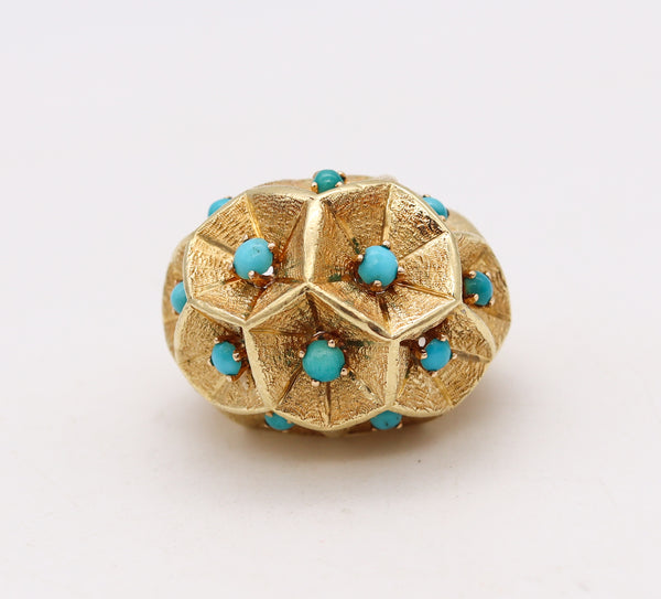 *Italian 1960 Mid-Century Bombe Cocktail Ring In 18KT Yellow Gold With Turquoises