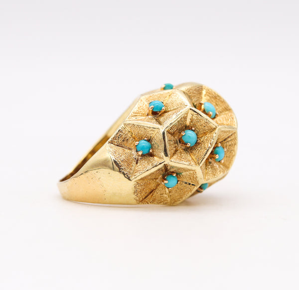 *Italian 1960 Mid-Century Bombe Cocktail Ring In 18KT Yellow Gold With Turquoises