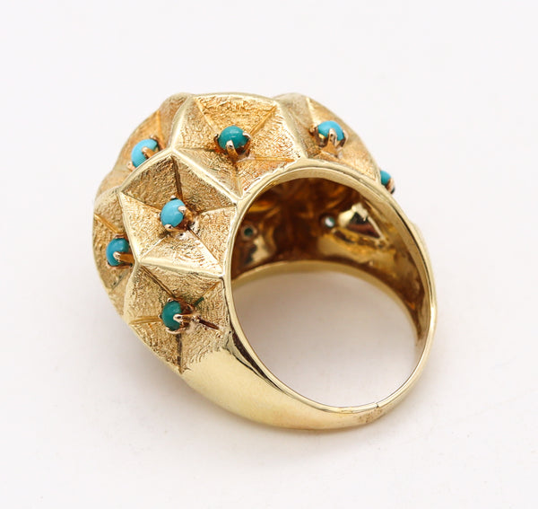 *Italian 1960 Mid-Century Bombe Cocktail Ring In 18KT Yellow Gold With Turquoises