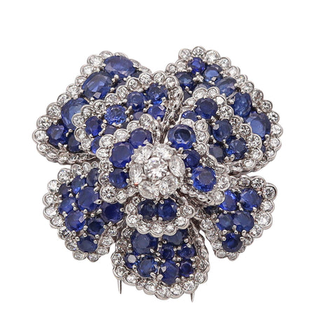 Art Deco 1930 Gia Certified Brooch in Platinum With 27.85 Ctw In Diamonds & Burmese Sapphires