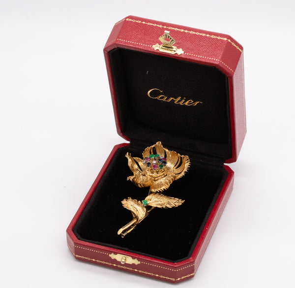 CARTIER 1950 PARIS 18 KT MOVABLE TREMBLANT BROOCH WITH 2.04 Ctw IN GEMSTONES
