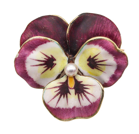 Art Nouveau Edwardian 1905 Pansy Flower Enameled Pendant Brooch In 14Kt Gold With Natural Pearl