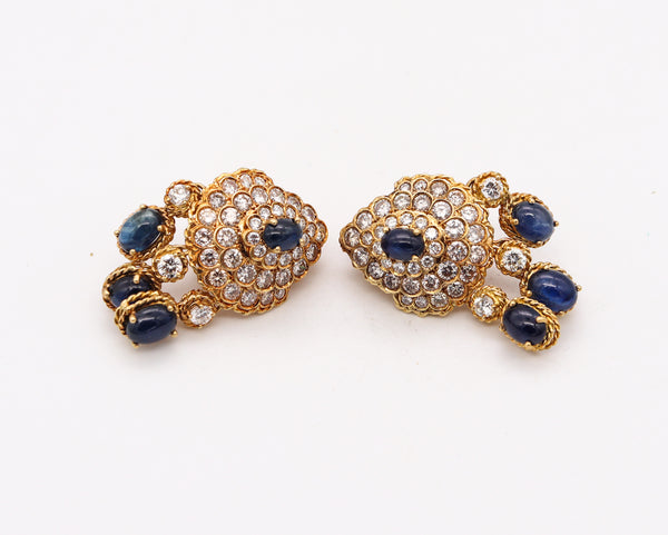 Tadini Gia Certified Cluster Dangle Earrings In 18Kt Yellow Gold With 23.84 Ctw In Diamonds & Sapphires