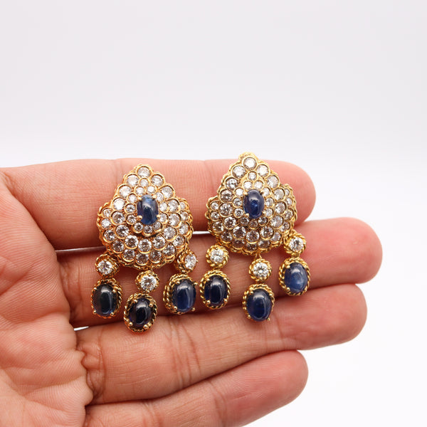 Tadini Gia Certified Cluster Dangle Earrings In 18Kt Yellow Gold With 23.84 Ctw In Diamonds & Sapphires