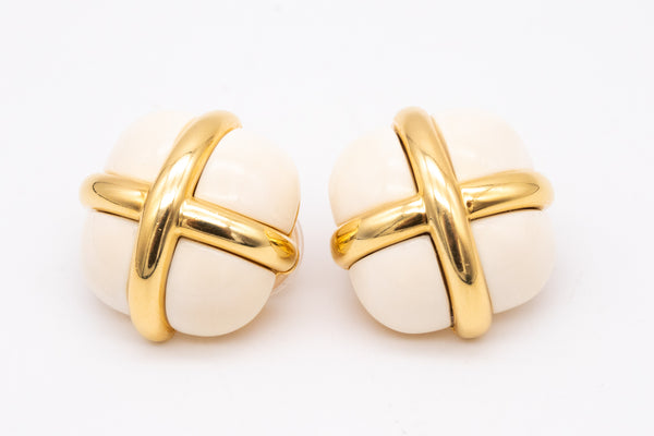 Seaman Schepps Rare 18Kt Yellow Gold Ear Clips With Caged Cacholong White Agate