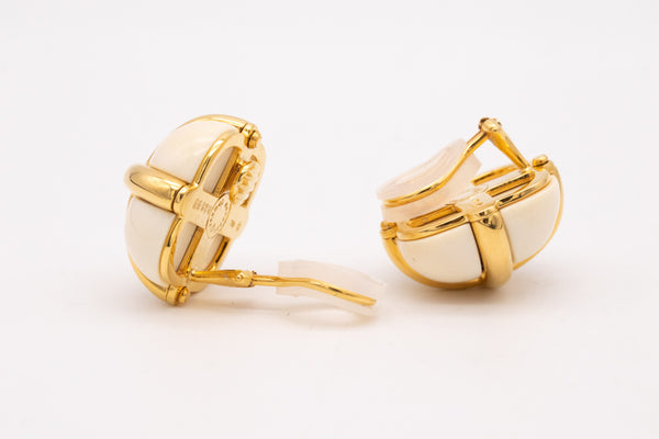 Seaman Schepps Rare 18Kt Yellow Gold Ear Clips With Caged Cacholong White Agate