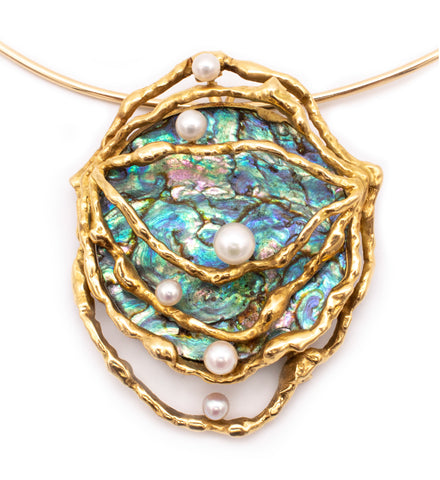 GUBELIN 1960 GILBERT ALBERT 18 KT ORGANIC PENDANT BROOCH WITH ABALONE SHELL & PEARLS