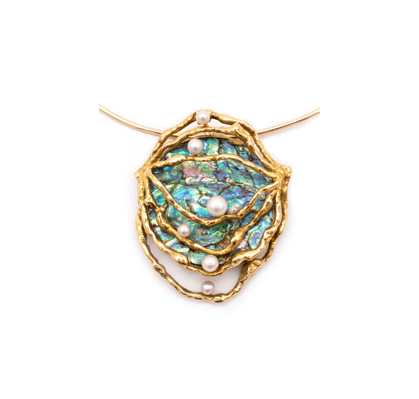 GUBELIN 1960 GILBERT ALBERT 18 KT ORGANIC PENDANT BROOCH WITH ABALONE SHELL & PEARLS