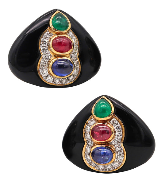 Roberto Legnazzi Cluster Earrings In 18Kt Gold With 8.29 Ctw In Diamonds And Gemstones