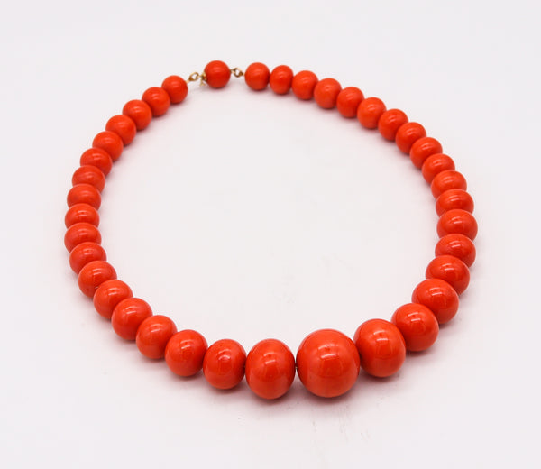 Mid Century 1950 Graduated Coral Beads Necklace Mount In 18Kt Yellow Gold