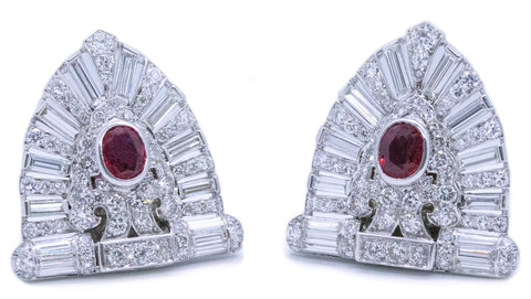 PLATINUM 1930 ART DECO 11.94 Ctw DIAMONDS AND RUBY EAR CLIPS