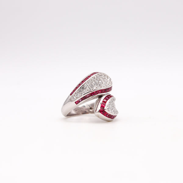 (S)Art Deco Bypass Cocktail Ring In 18Kt White Gold With 5.65 Cts In Diamonds & Rubies