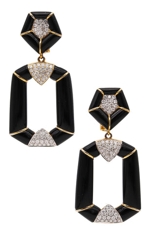 Modernist Black Onyx Dangle Drop Earrings In 18Kt Yellow Gold With 2.64 Ctw Diamonds