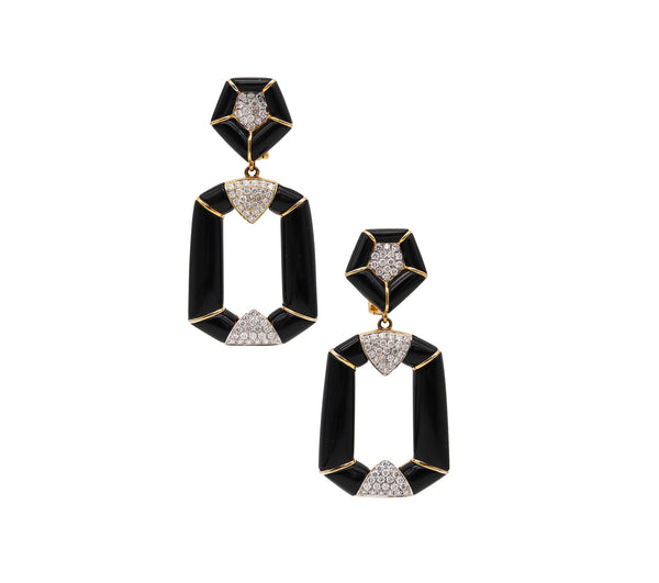 Modernist Black Onyx Dangle Drop Earrings In 18Kt Yellow Gold With 2.64 Ctw Diamonds