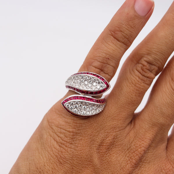 (S)Art Deco Bypass Cocktail Ring In 18Kt White Gold With 5.65 Cts In Diamonds & Rubies