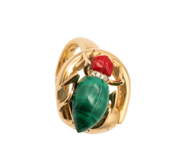 Gucci Milano 18Kt Yellow Gold Beetle Ring With Diamonds, Coral And Malachite