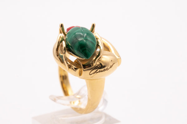 Gucci Milano 18Kt Yellow Gold Beetle Ring With Diamonds, Coral And Malachite
