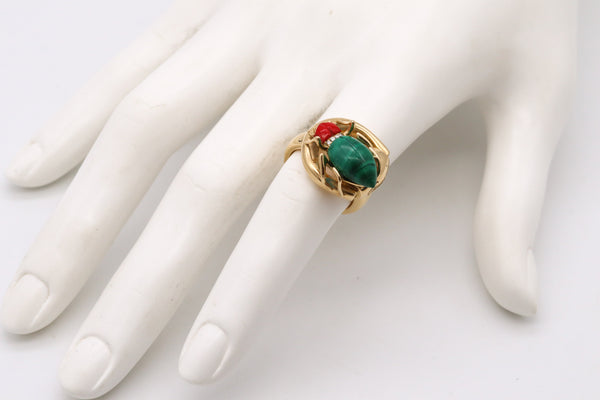 Gucci Milano 18Kt Yellow Gold Beetle Ring With Diamonds, Coral And Malachite