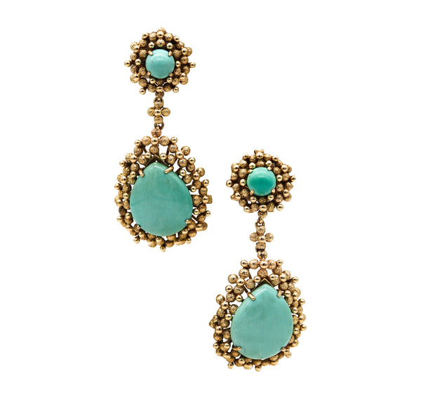 Mid Century 1960 Dangle Drops Earrings In 14Kt Yellow Gold With 43.82 Cts In Turquoises