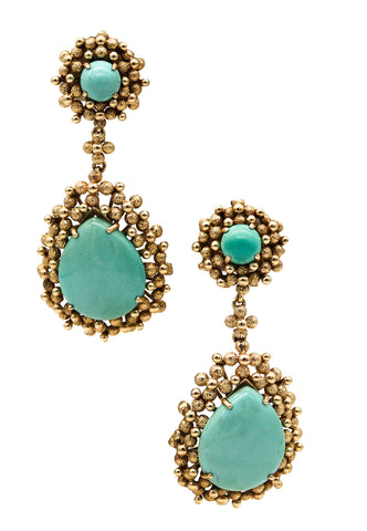 Mid Century 1960 Dangle Drops Earrings In 14Kt Yellow Gold With 43.82 Cts In Turquoises