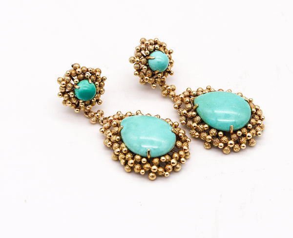 Mid Century 1960 Dangle Drops Earrings In 14Kt Yellow Gold With 43.82 Cts In Turquoises