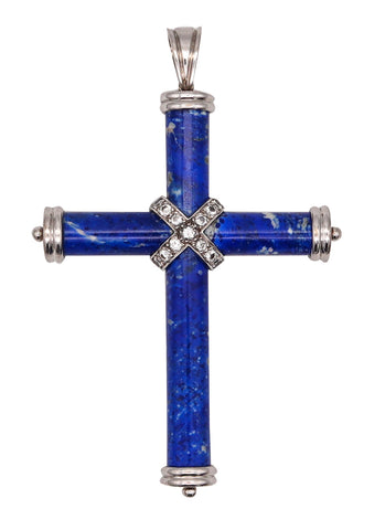 Classic Lapis Lazuli Cross Pendant In 18Kt White Gold With 1.02 Cts In Diamonds.