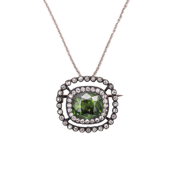 Victorian Convertible Pendant Brooch In 18Kt With 9.12 Ctw In Certified Green Zircon & Diamonds