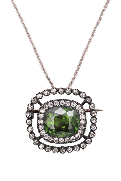 Victorian Convertible Pendant Brooch In 18Kt With 9.12 Ctw In Certified Green Zircon & Diamonds