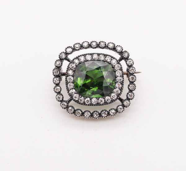 Victorian Convertible Pendant Brooch In 18Kt With 9.12 Ctw In Certified Green Zircon & Diamonds