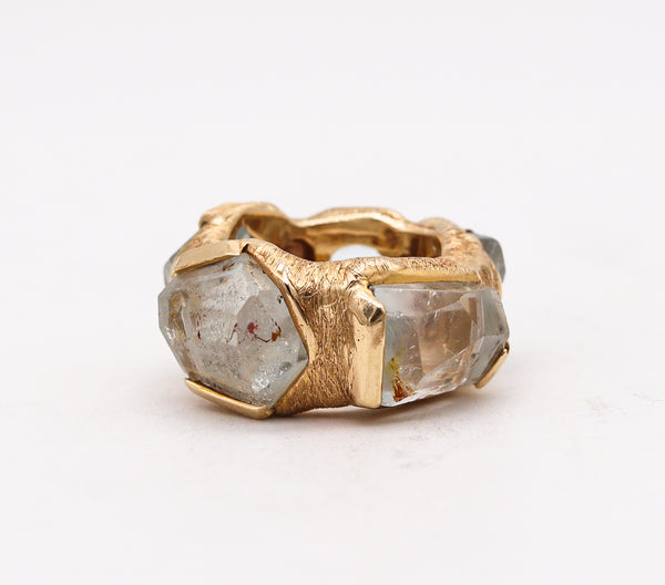 Ille Oyler Brutalist Eternity Ring In Textured 18Kt Yellow Gold With 28.90 Ctw In Aquamarines