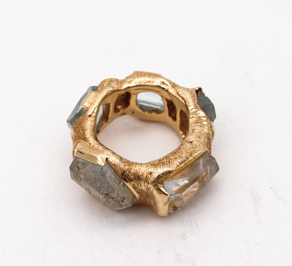 Ille Oyler Brutalist Eternity Ring In Textured 18Kt Yellow Gold With 28.90 Ctw In Aquamarines