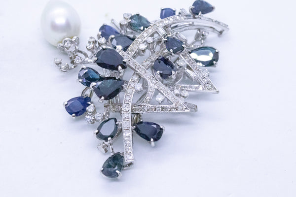 RETRO 18 KT BROOCH PENDANT WITH 24.43 Cts OF DIAMONDS, SAPPHIRES AND SAUCI PEARL