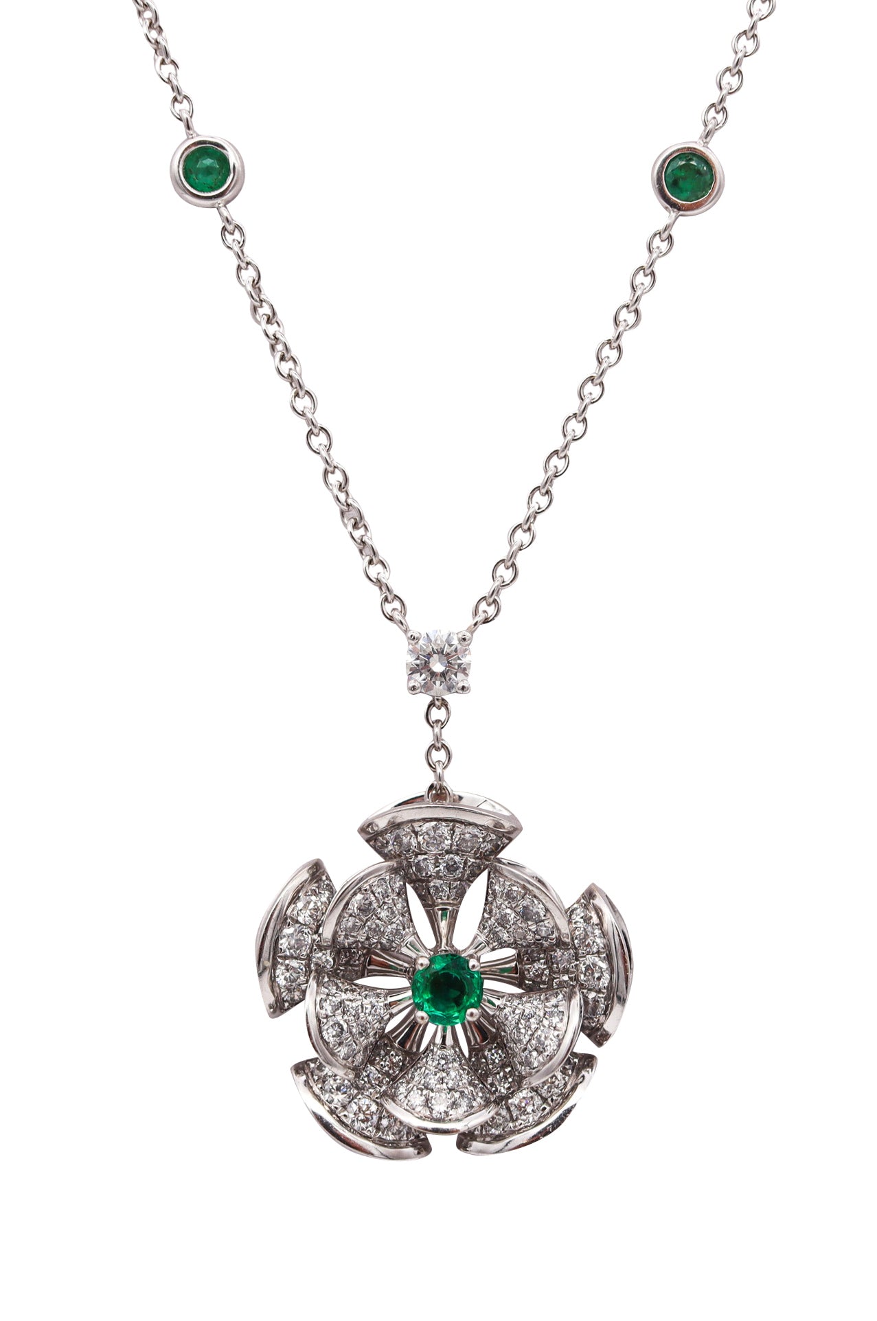Bvlgari Modern Divas Dream Drop Necklace In 18Kt White Gold With 3.65 Ctw Diamonds & Emeralds