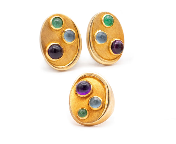 BURLE MARX 1970 BRAZIL 18 KT GOLD SET OF EARRING AND RING WITH 6.90 Cts OF GEMSTONES