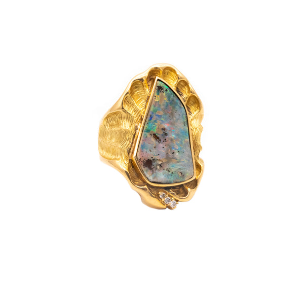 *German modernist 1970 cocktail ring in 18 kt gold with 15.05 Ctw opal & diamonds