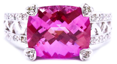 CUSHION CUT FIRE KUNZITE AND DIAMONDS 14 KT GOLD RING