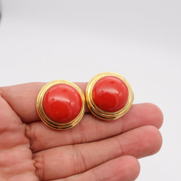 Cellino 1970 Italy Massive Earrings In 18Kt Yellow Gold With 70.2 Ctw Sardinian Red Coral